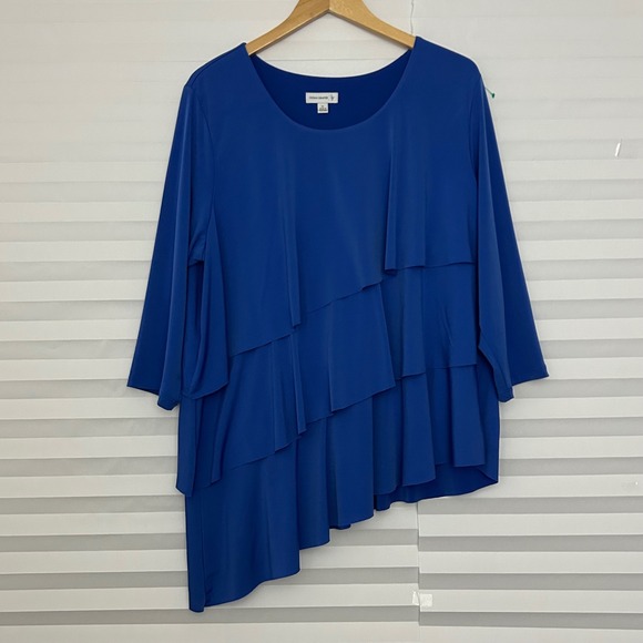 Susan Graver Tops - Susan Graver Royal Blue Liquid Knit Tiered Asymmetrical Ruffle Top XL 3/4 Sleeve
